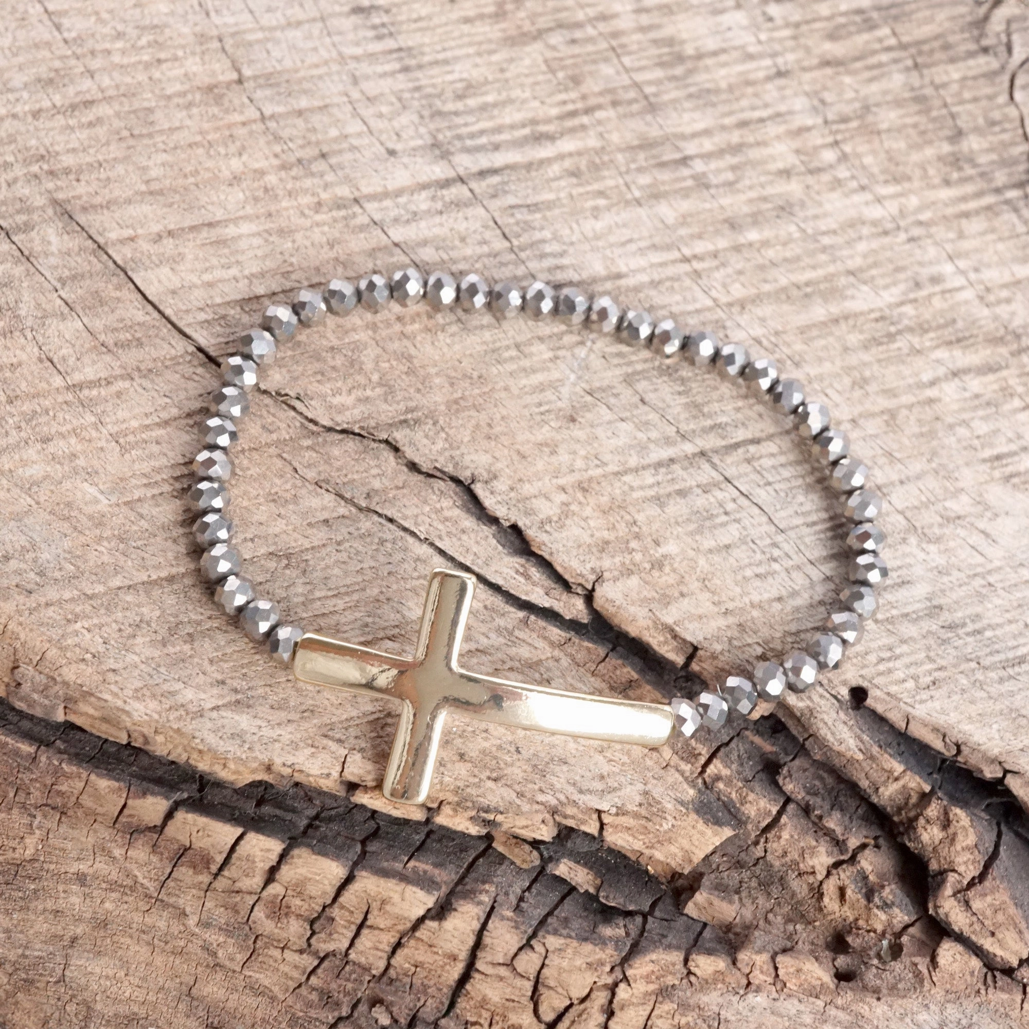 Brushed Finish Rapid Perspective Minimal Sideways Cross Bracelet with Glass Beads Gold tone
