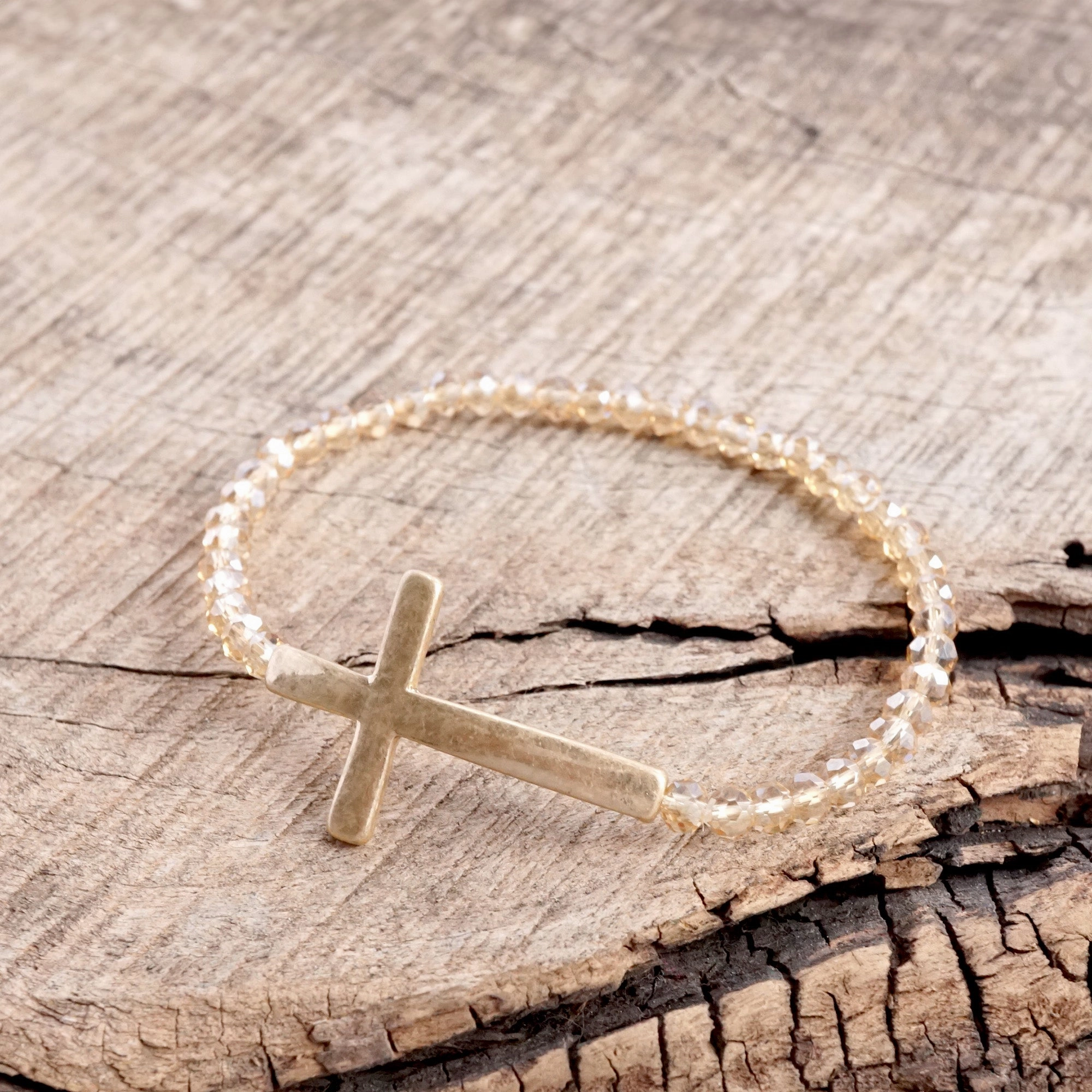 Minimal Sideways Cross Bracelet with Glass Beads Gold tone Novel Vision vegan options