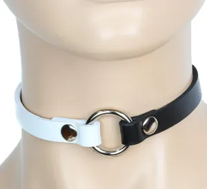 Black And White Leather Choker With One  Ring