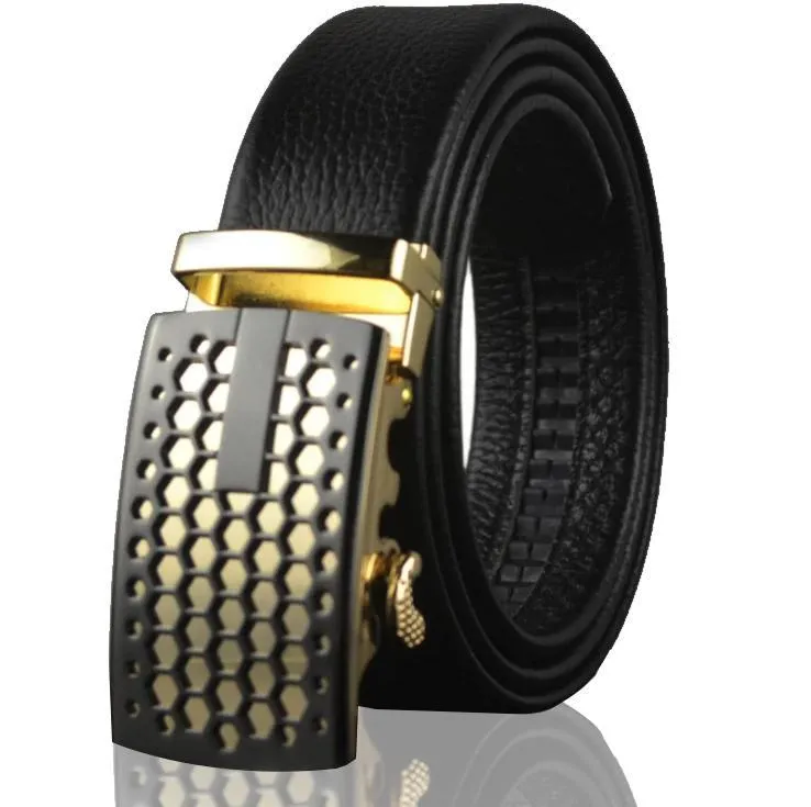 Black Belt Black Gold Buckle Mens Adjustable Ratchet Slide Buckle Belt