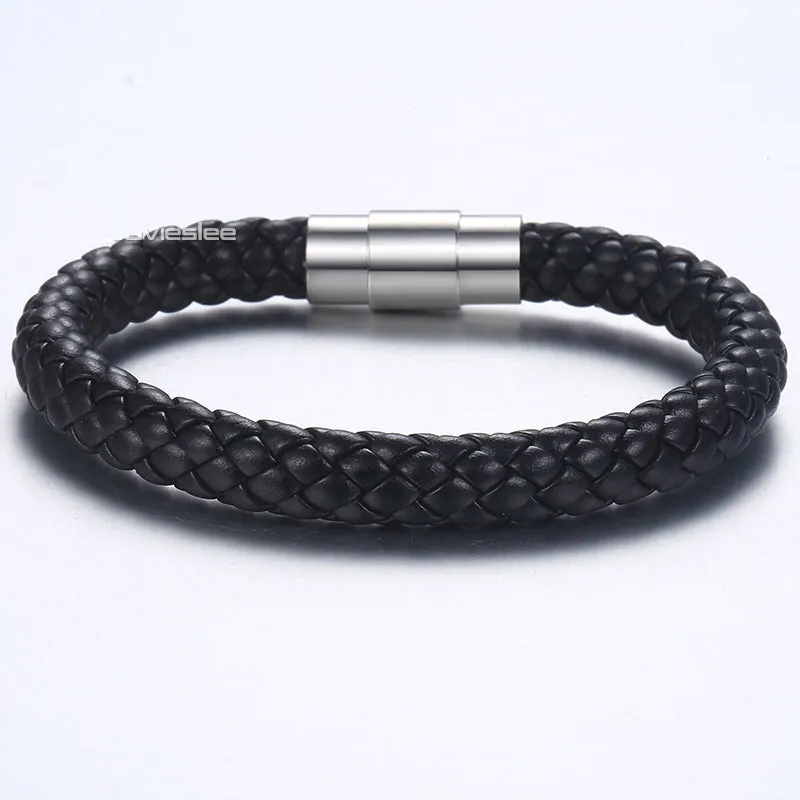 Black Brown Braided Cord Rope Stainless Steel Clasp Man-made Leather Mens Bracelet