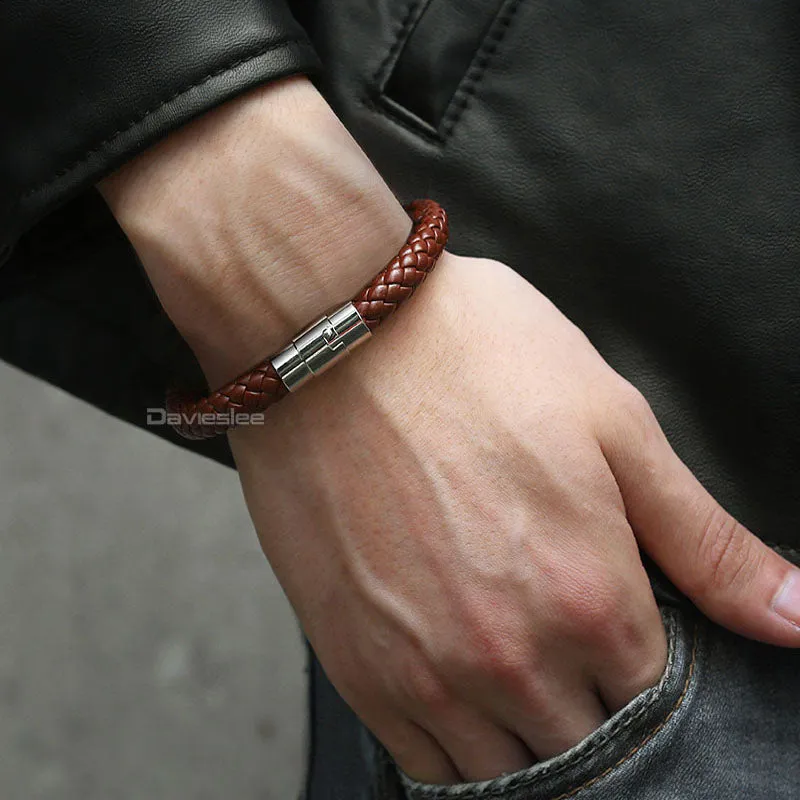 Black Brown Braided Cord Rope Stainless Steel Clasp Man-made Leather Mens Bracelet