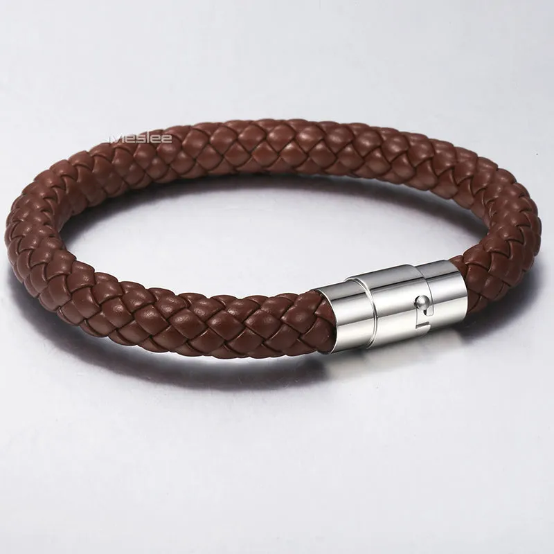 Black Brown Braided Cord Rope Stainless Steel Clasp Man-made Leather Mens Bracelet