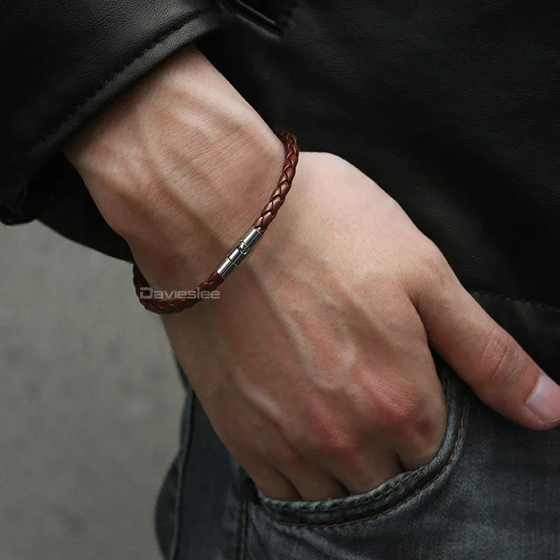 Black Brown Braided Cord Rope Stainless Steel Clasp Man-made Leather Mens Bracelet