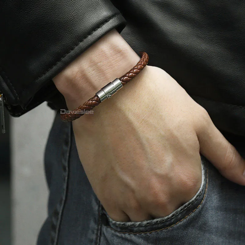 Black Brown Braided Cord Rope Stainless Steel Clasp Man-made Leather Mens Bracelet