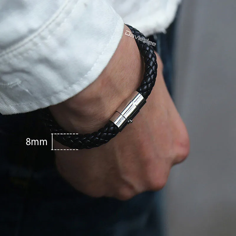 Black Brown Braided Cord Rope Stainless Steel Clasp Man-made Leather Mens Bracelet