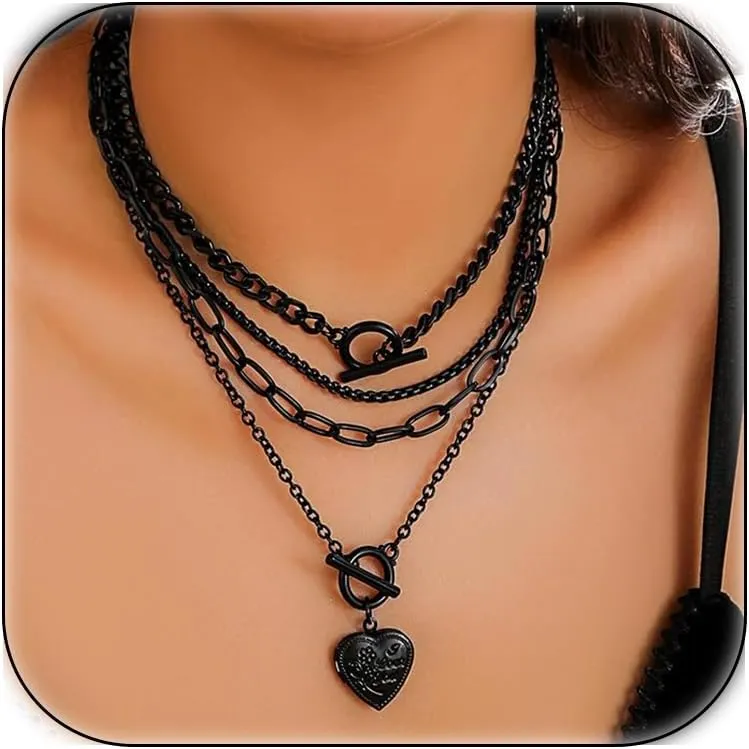 Black Choker Necklaces 4pcs Layered Necklaces for Women Heart Choker Layered Heart Chain Necklaces Paperclip Multilayer Adjustable Necklace for Women Trendy Jewelry Set (Heart)