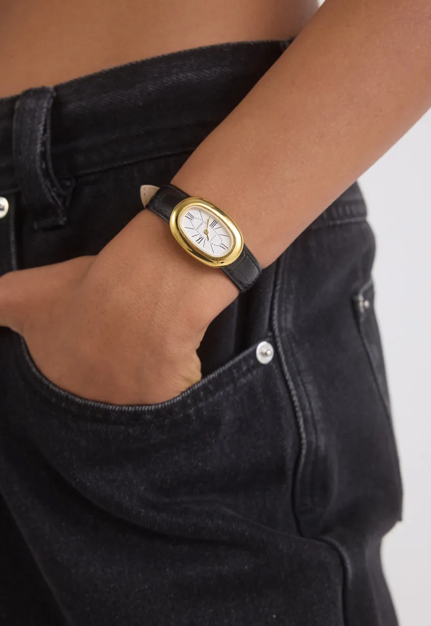 Black Croc Leather Watch Band | Gold