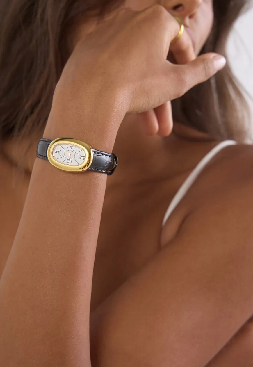 Black Croc Leather Watch Band | Gold