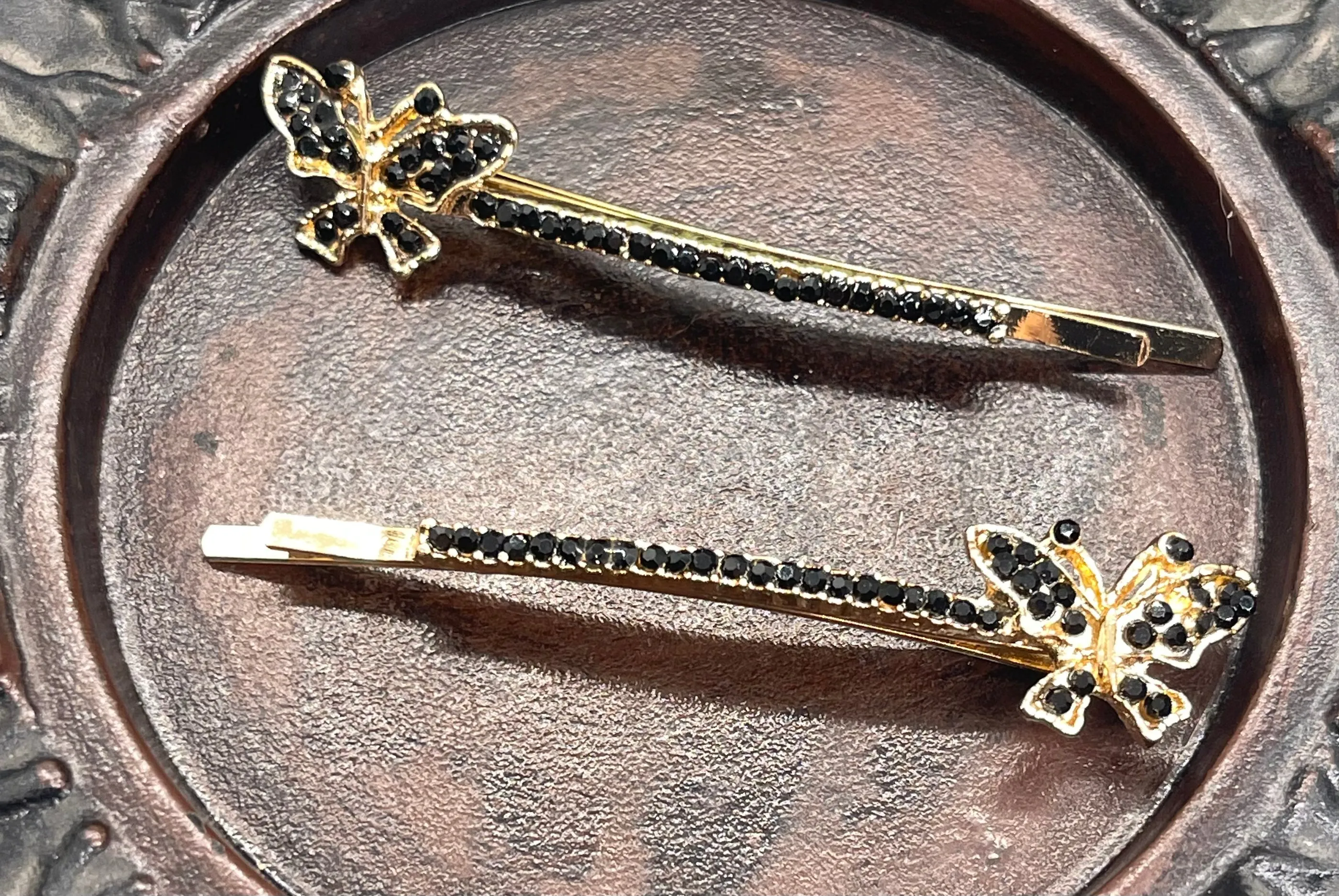 Black Crystal rhinestone butterfly gold tone hair pins 2 pc set bridal Wedding shower prom sweet 16 birthday hair accessories