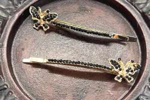 Black Crystal rhinestone butterfly gold tone hair pins 2 pc set bridal Wedding shower prom sweet 16 birthday hair accessories