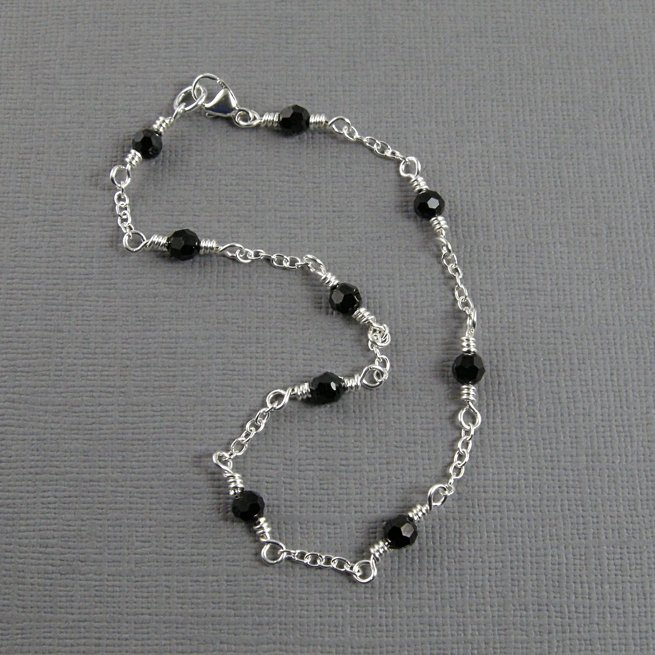 Black Crystal Silver Chain Anklet, Black Bead Ankle Bracelet
