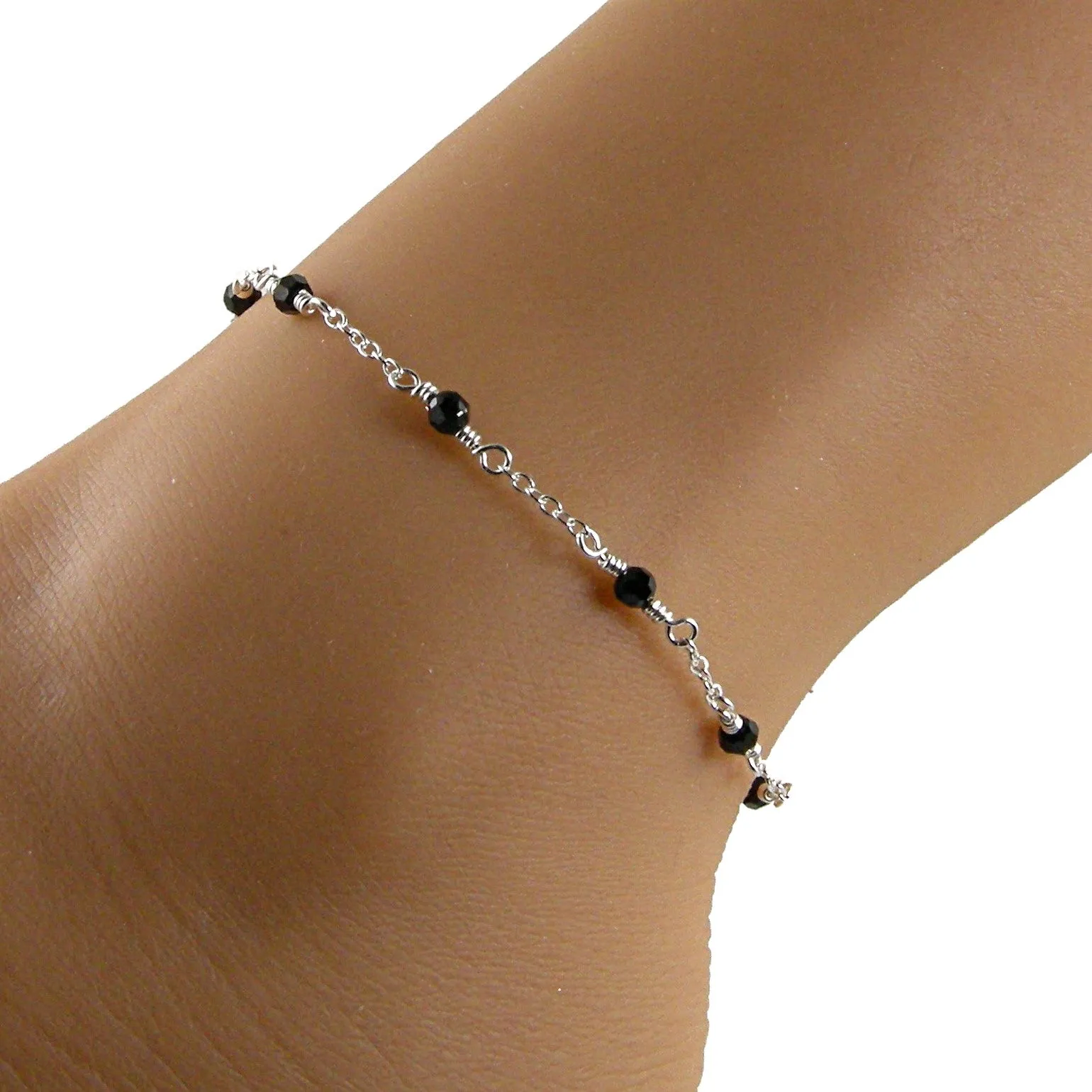 Black Crystal Silver Chain Anklet, Black Bead Ankle Bracelet