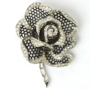 Black Enamel & Diamanté 'Rose of Seville' Brooch & Earrings