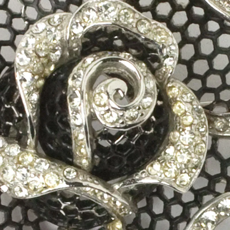 Black Enamel & Diamanté 'Rose of Seville' Brooch & Earrings