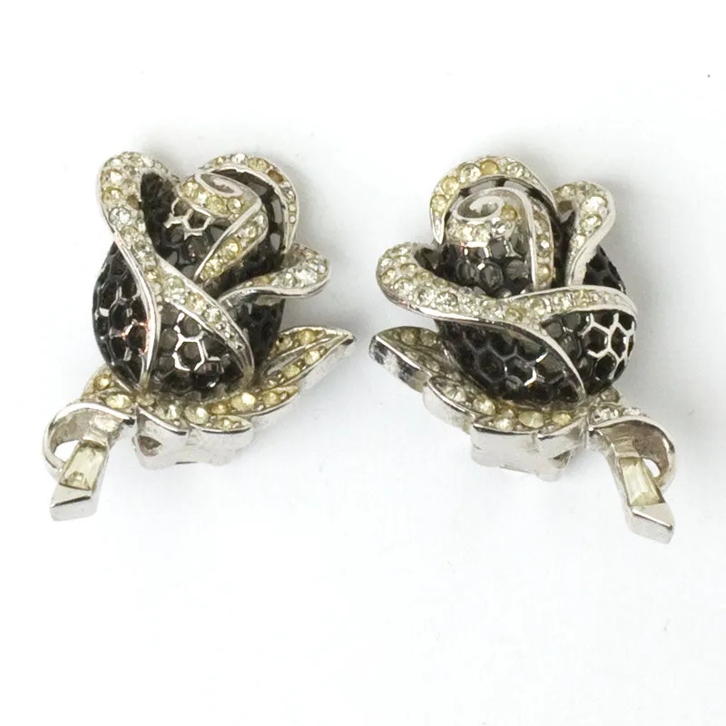 Black Enamel & Diamanté 'Rose of Seville' Brooch & Earrings