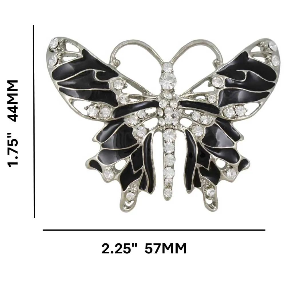 Black Enamel Butterfly Brooch Pin with Clear Crystals  - PRI081F