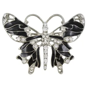Black Enamel Butterfly Brooch Pin with Clear Crystals  - PRI081F