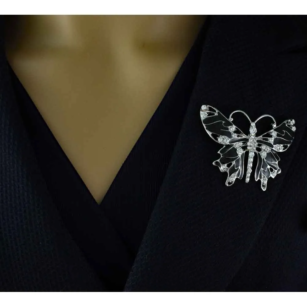 Black Enamel Butterfly Brooch Pin with Clear Crystals  - PRI081F