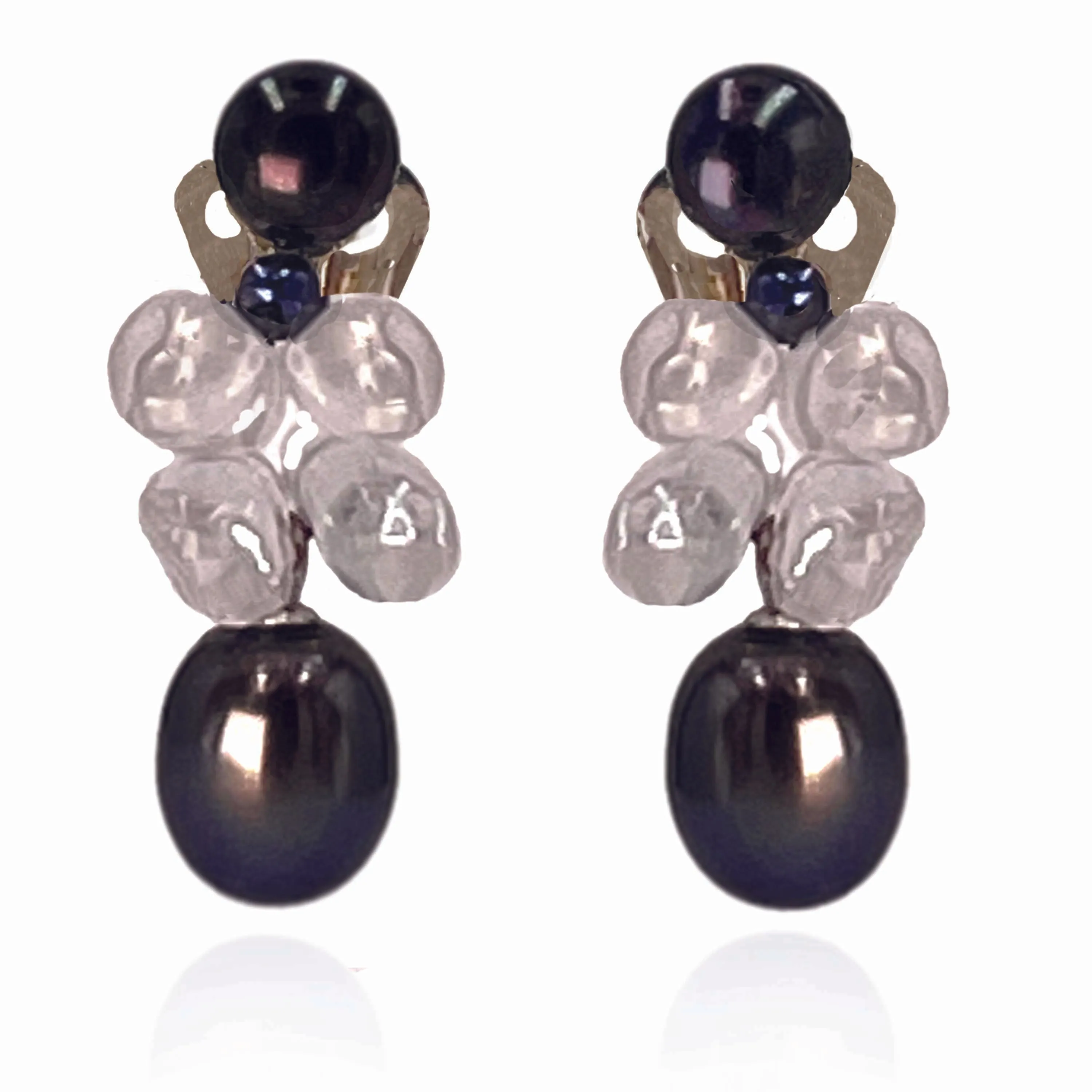 Black Freshwater Pearl & Rock Crystal Clip On 'Twinkling Light' Short Earrings