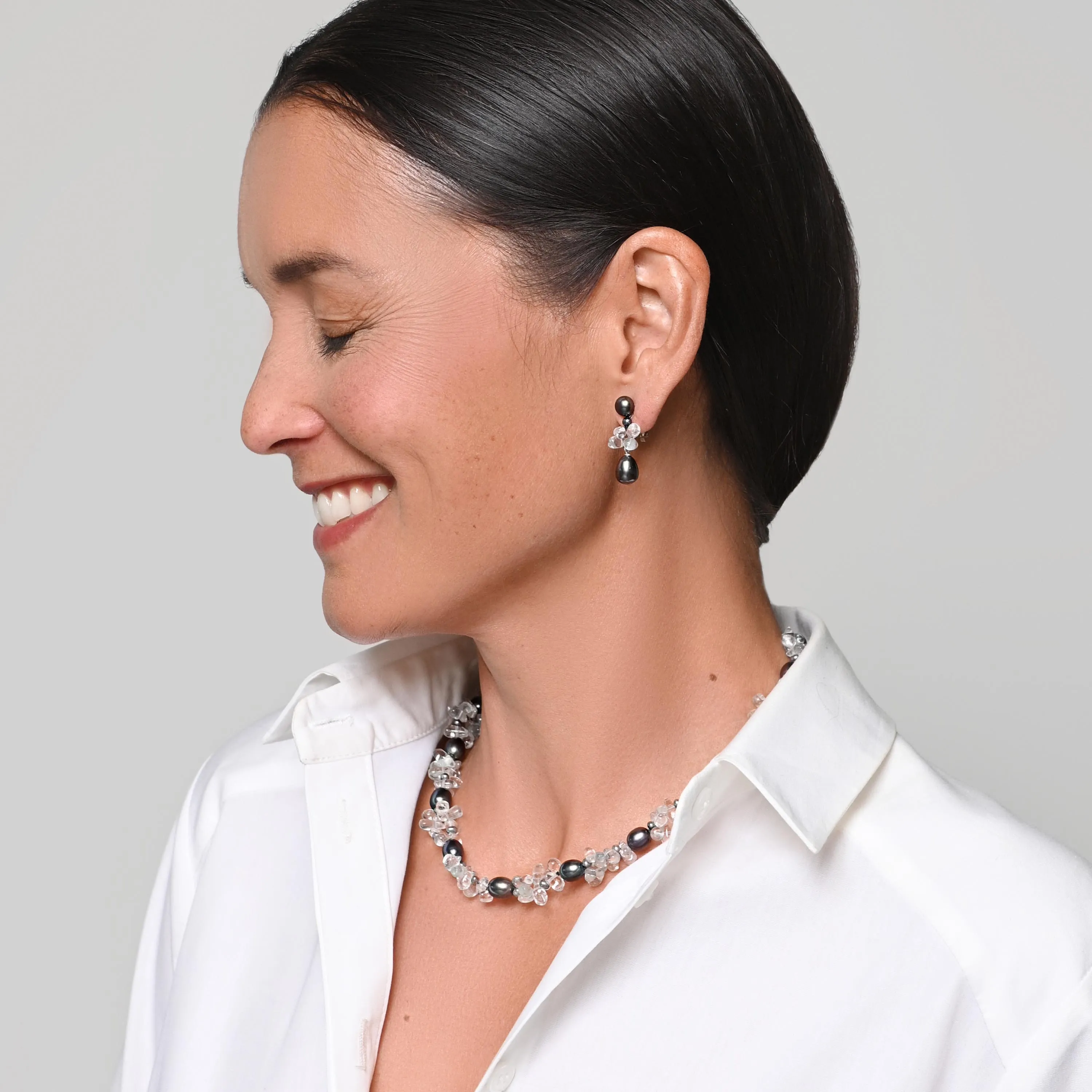 Black Freshwater Pearl & Rock Crystal Clip On 'Twinkling Light' Short Earrings