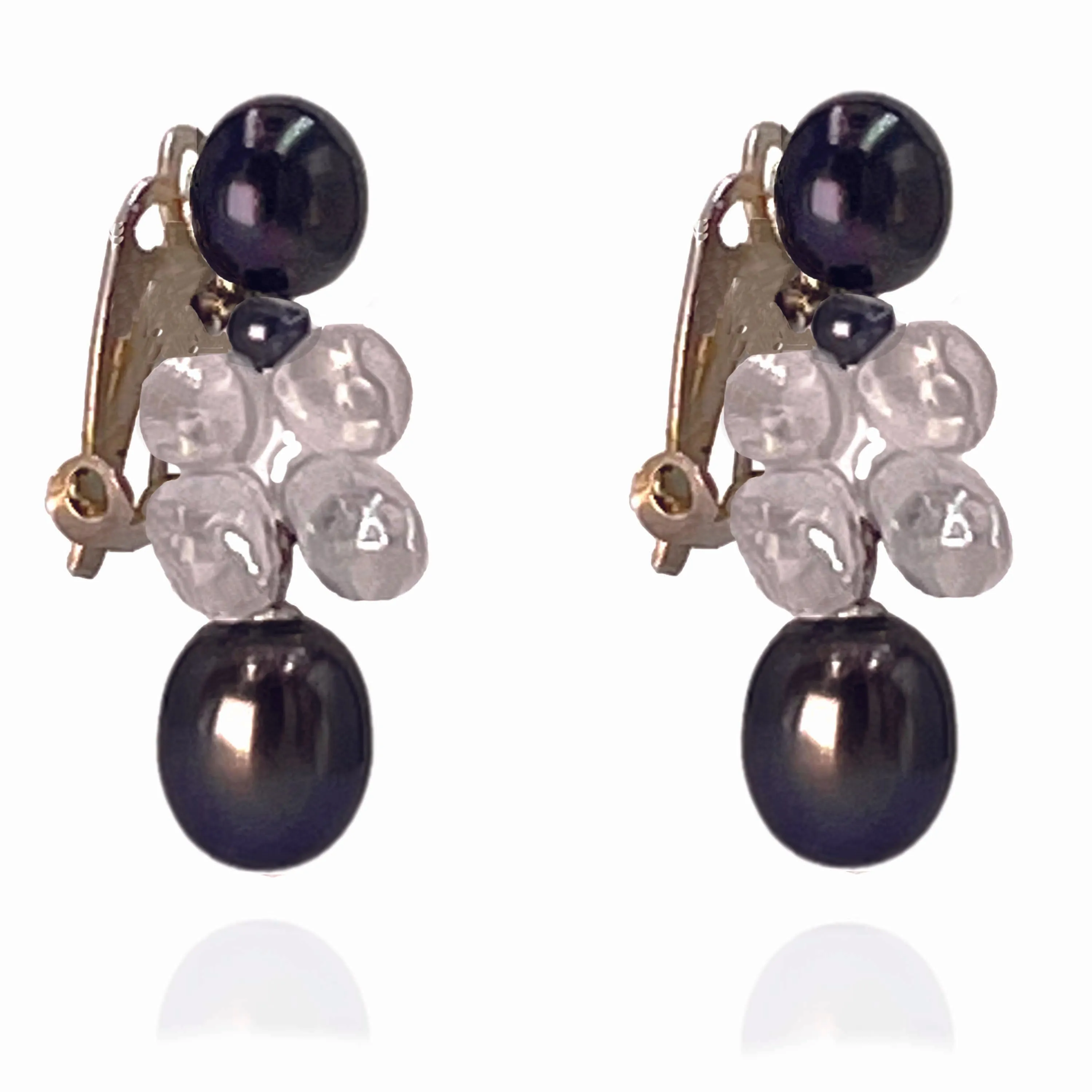 Black Freshwater Pearl & Rock Crystal Clip On 'Twinkling Light' Short Earrings