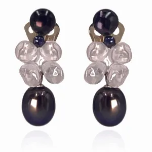 Black Freshwater Pearl & Rock Crystal Clip On 'Twinkling Light' Short Earrings