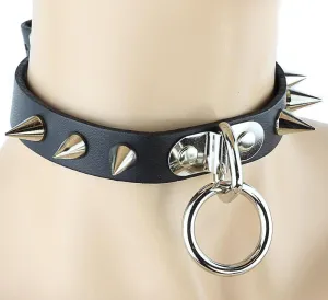 Black Leather Choker With Small Cone Spikes And 1" Loop &Amp; Ring