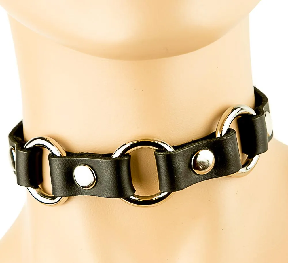Black Leather Choker With Three  Rings