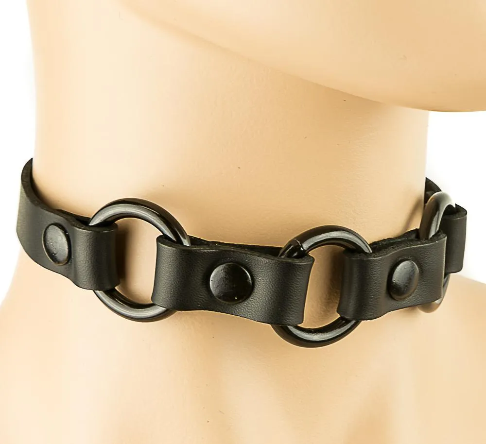 Black Leather Choker With Three  Rings