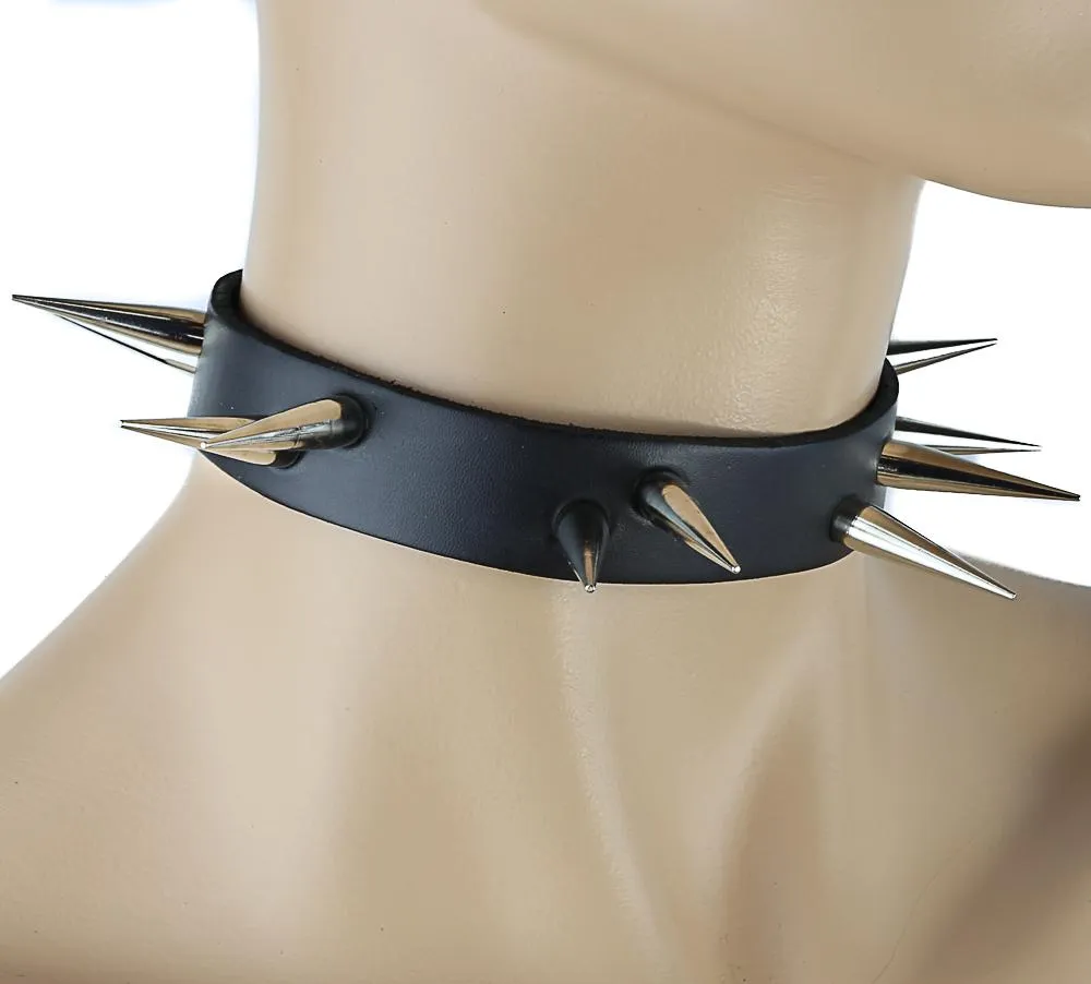  Black Leather Choker With Two Rows Slim And Tall Spikes