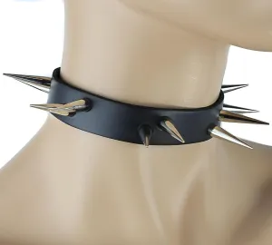  Black Leather Choker With Two Rows Slim And Tall Spikes