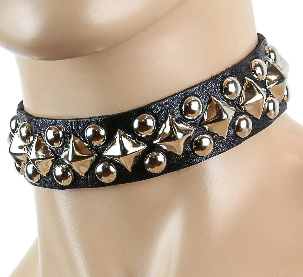 Black Leather Choker With Diamond And Round Studs