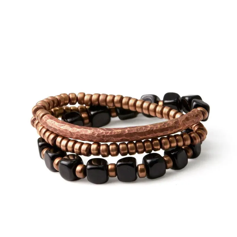 Black Onyx Beads Hammered Oxidized Copper Bracelet