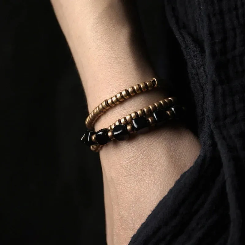 Black Onyx Beads Hammered Oxidized Copper Bracelet