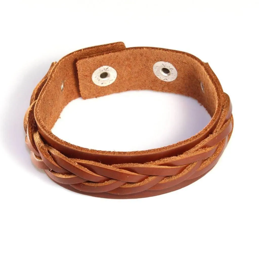 Black or Brown Leather Bracelet With Adjustable Popper Fastening