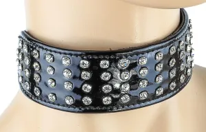 Black Patent Leather Choker With 4 Row Rhinestones