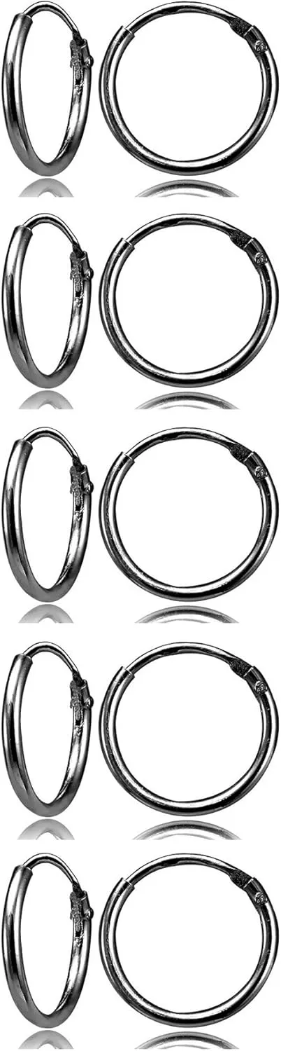 Black Plated Sterling Silver Small Endless 10mm Round Unisex Hoop Earrings, Set of 5 Pairs