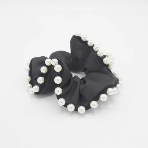 black satin scrunchies sleek pearl ball trim embellished hair elastic scrunchy women hair accessories