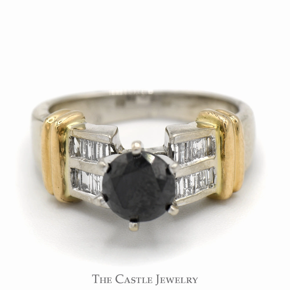 Simple Memento Black Diamond Ring with Baguette Diamond Accents in 14k White Gold Setting with Yellow Gold Bar Accents