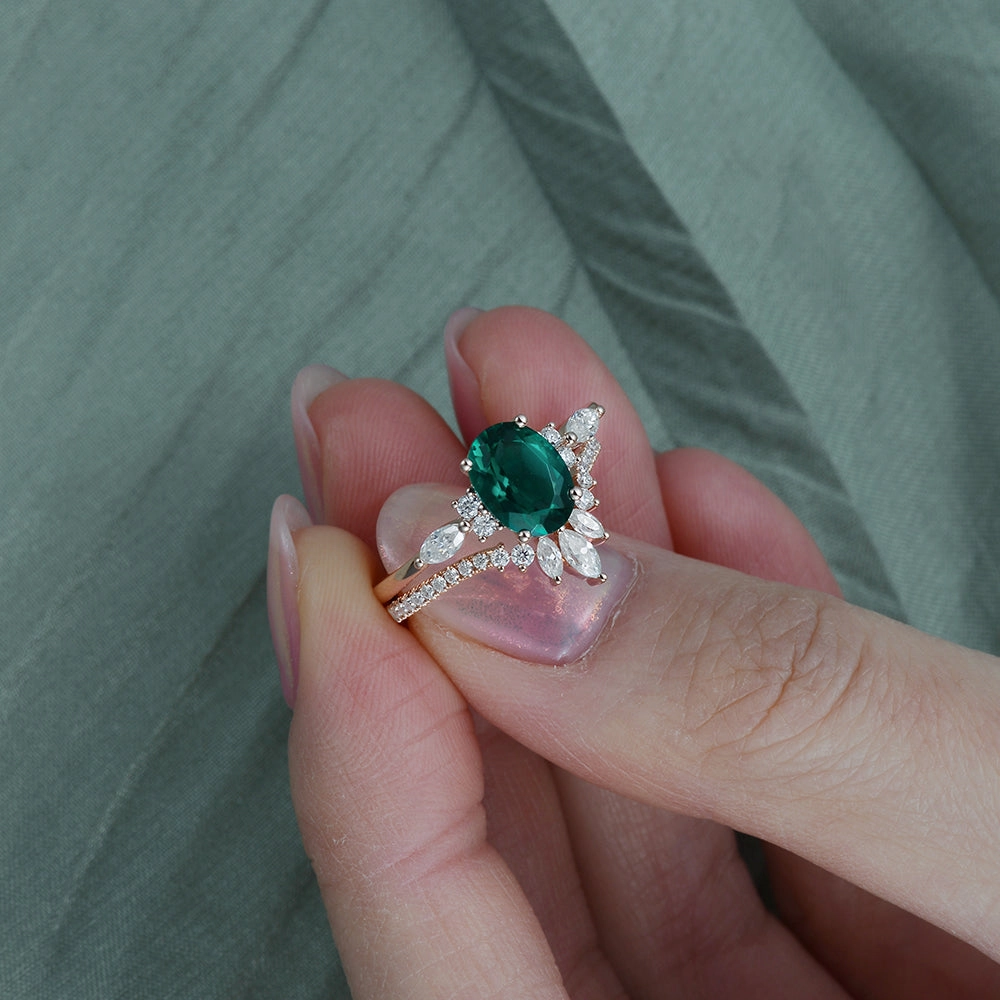 Black Gold 1.5ct Oval Cut Moss Agate Engagement Ring Set 2pcs Glamorous Mood