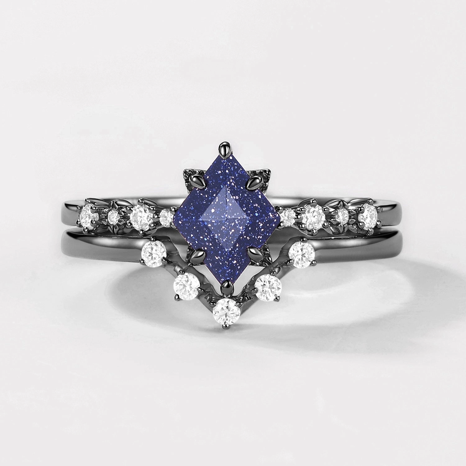 Lustrous Finish Seasonal Pairing Black Gold Blue Sandstone Vintage Ring Set 2pcs - Violet