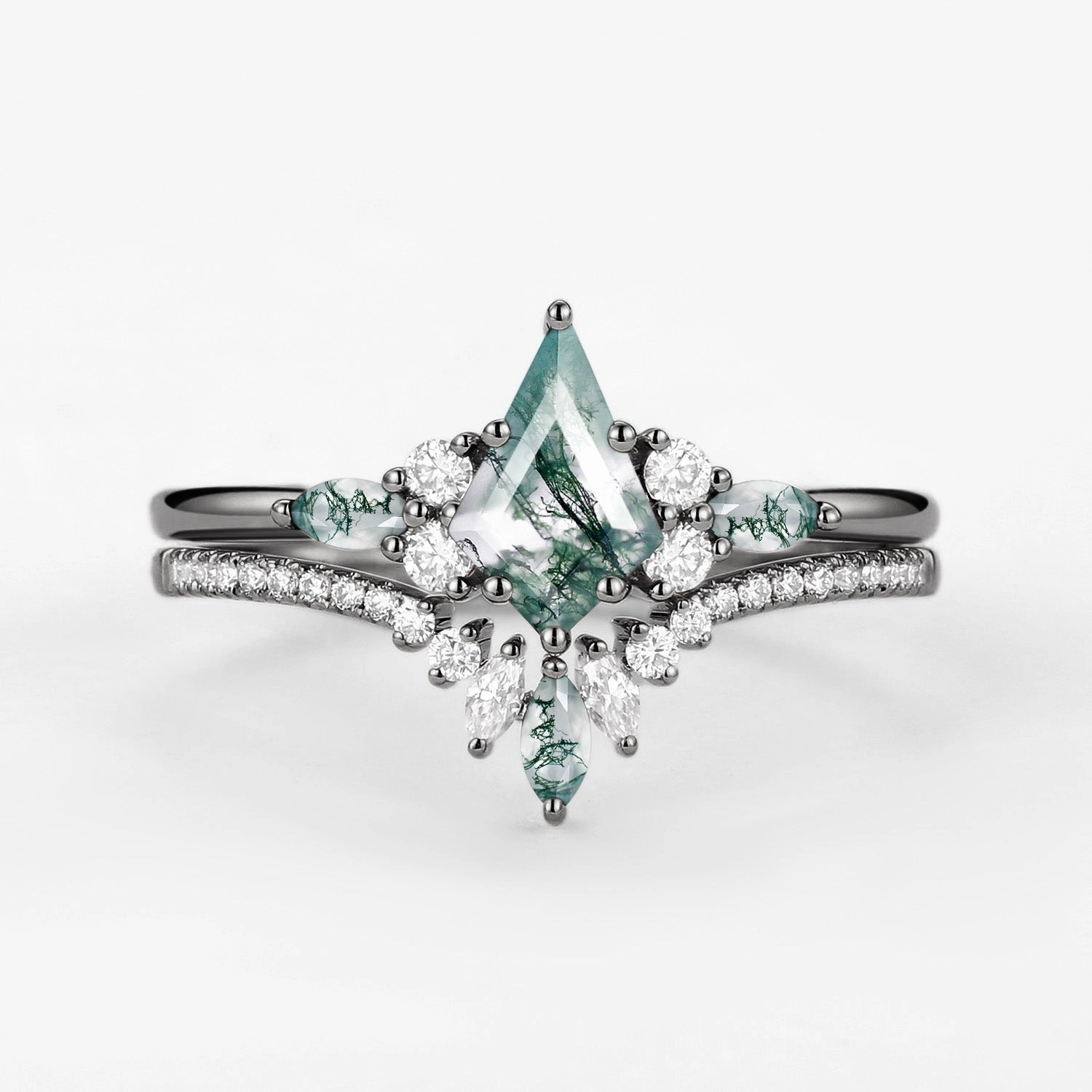 Black Gold Kite Cut Green Moss Agate Bridal Set 2pcs - Rebecca Subtle Mood