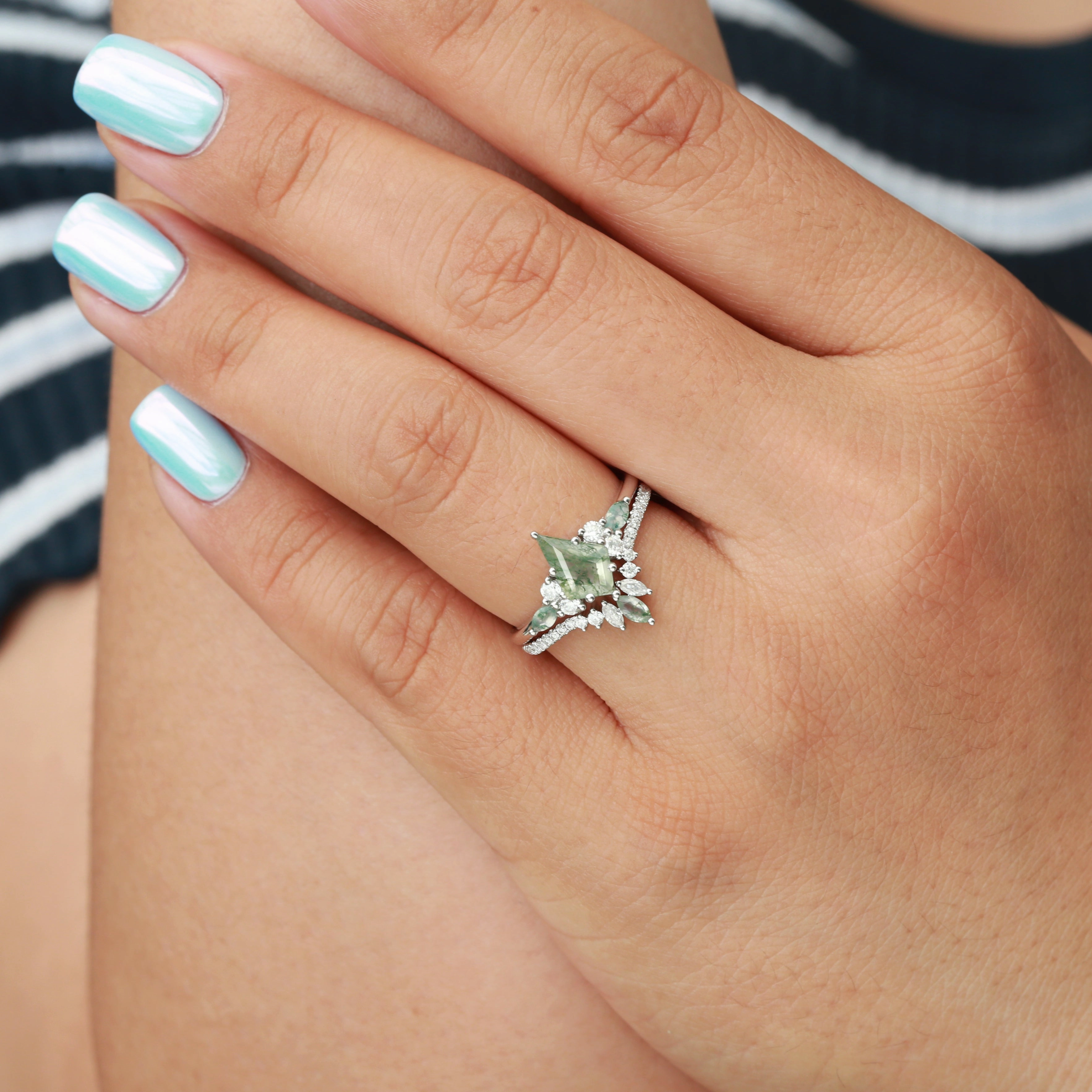 Black Gold Kite Cut Green Moss Agate Bridal Set 2pcs - Rebecca Youth Set Vibrant color