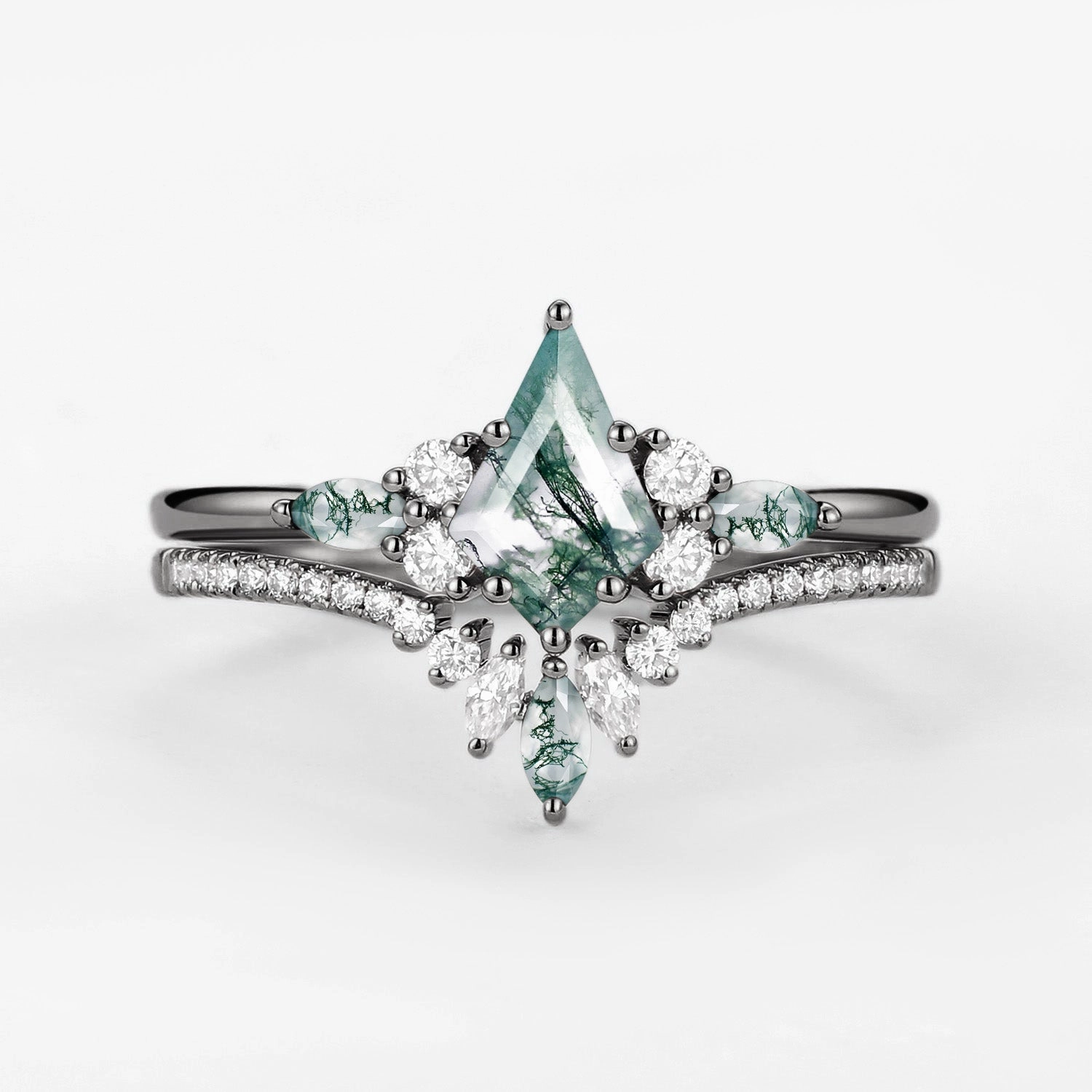 Black Gold Kite Cut Green Moss Agate Bridal Set 2pcs - Rebecca Contemporary Touch Refined Fashion