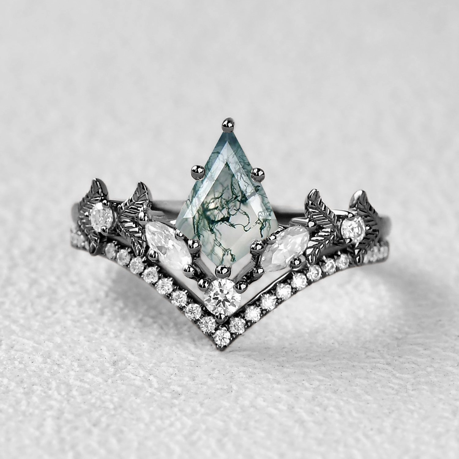 Black Gold Kite Cut Moss Agate Leafy Art-Deco Engagement Ring Set 2pcs Gift Feature Everyday Shine