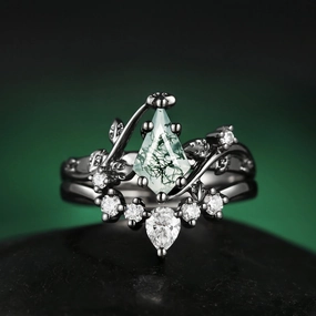 Black Gold Kite Cut Moss Agate Leafy Bridal Ring Sets 2pcs - Willow Artisan Accent Stunning Detail