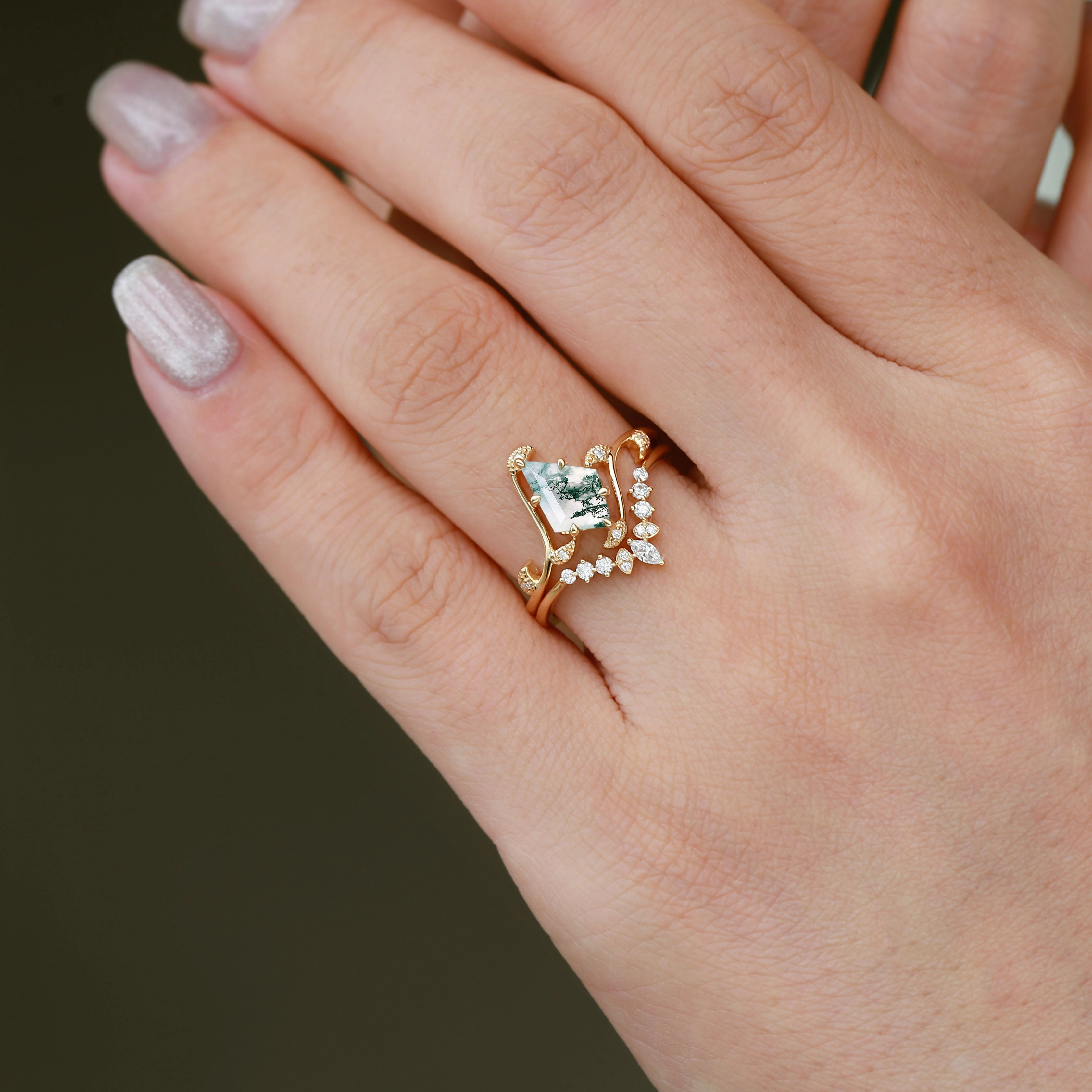 Elegant Detail Cozy Layers Black Gold Kite Cut Moss Agate Leafy Engagement Ring Sets 2pcs - Ivy