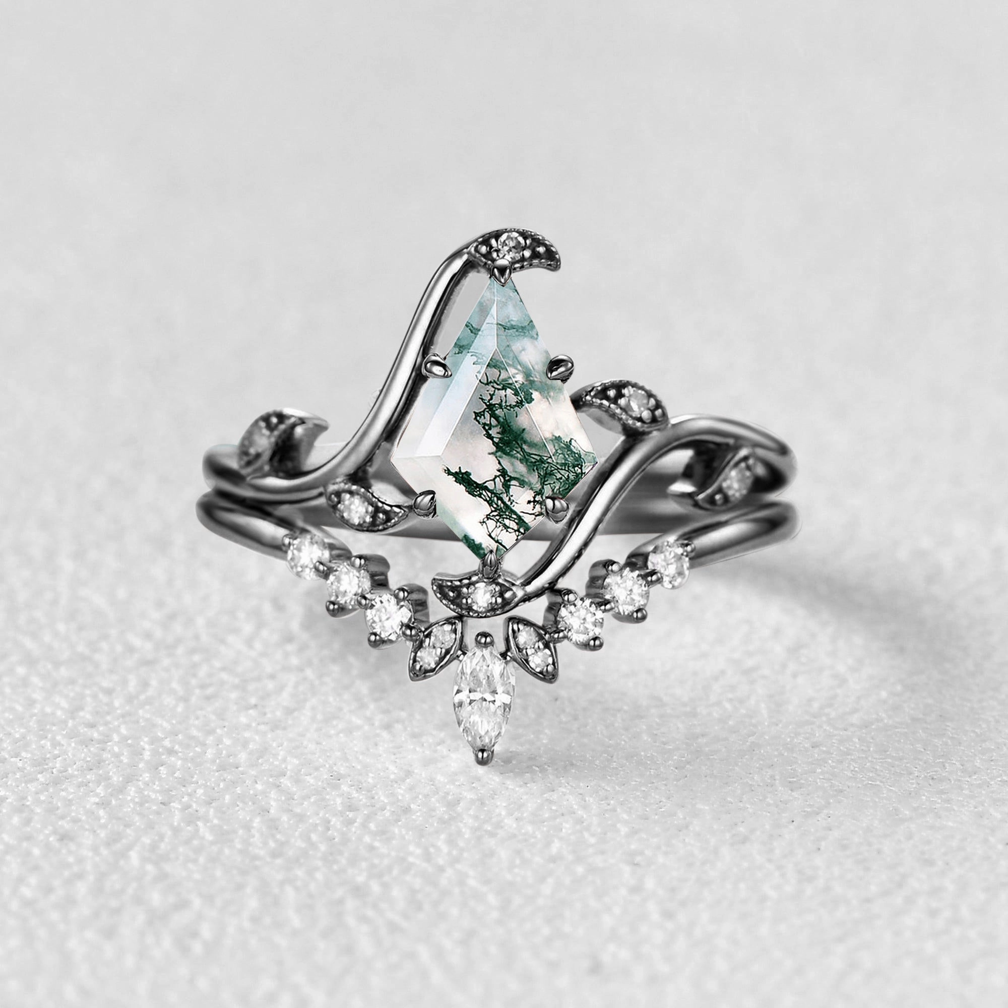 Black Gold Kite Cut Moss Agate Leafy Engagement Ring Sets 2pcs - Ivy Power Look