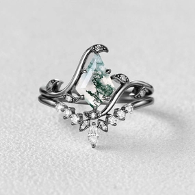 Black Gold Kite Cut Moss Agate Leafy Engagement Ring Sets 2pcs - Ivy Vivid Charm